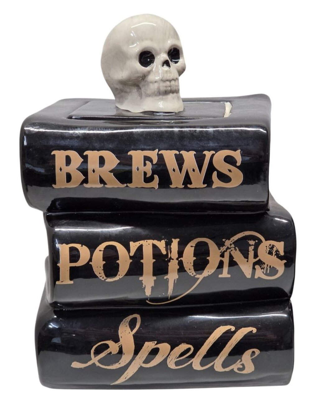 2013 World Market Spellbook Treat Jar Ceramic Skull Halloween Brews Potions